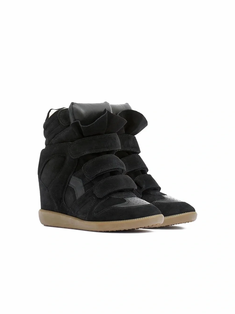Black Suede Wedge High-Top Sneaker Boots with Velcro Straps